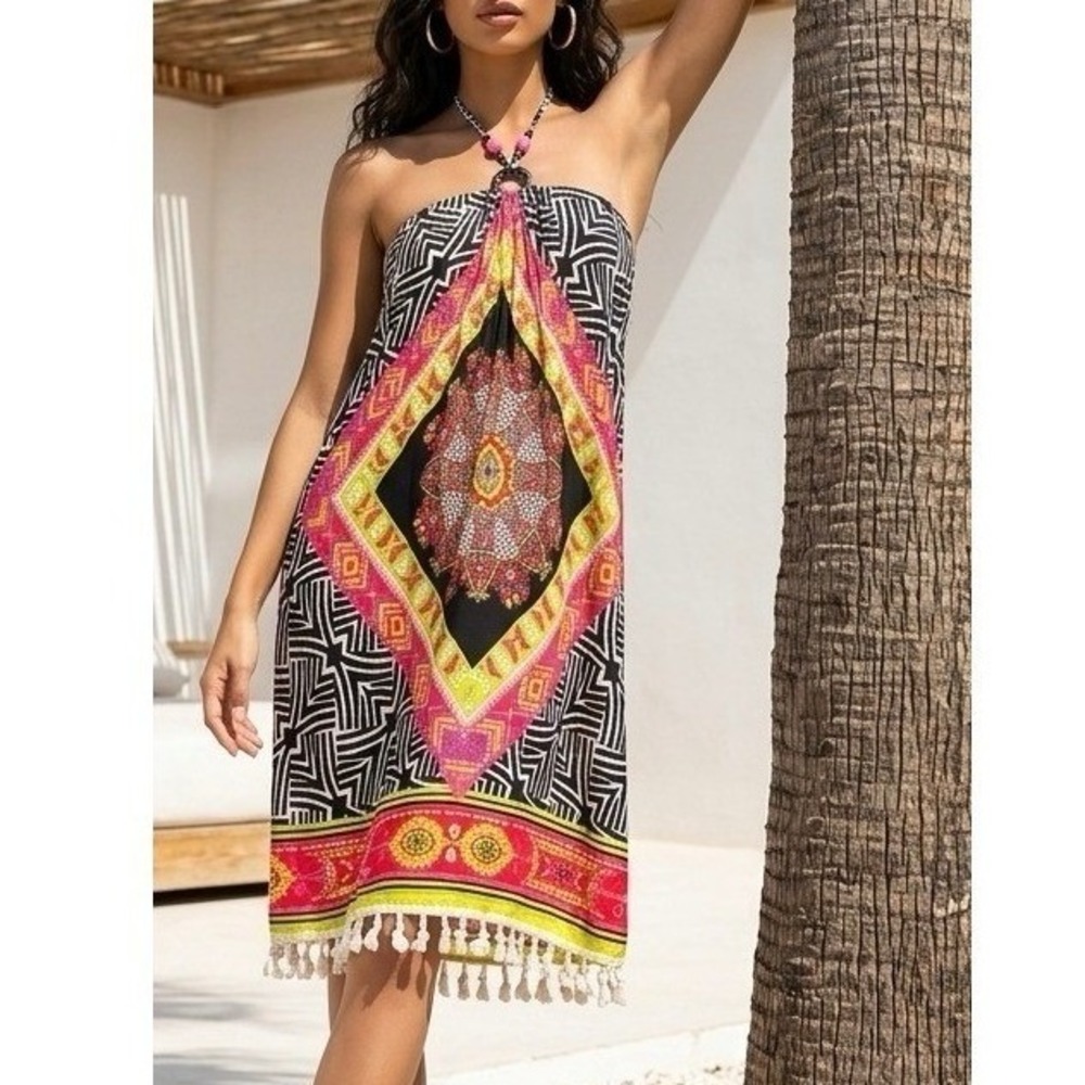 MAGIC Halter Dress‎ Womens L Black Pink Tassel Boho